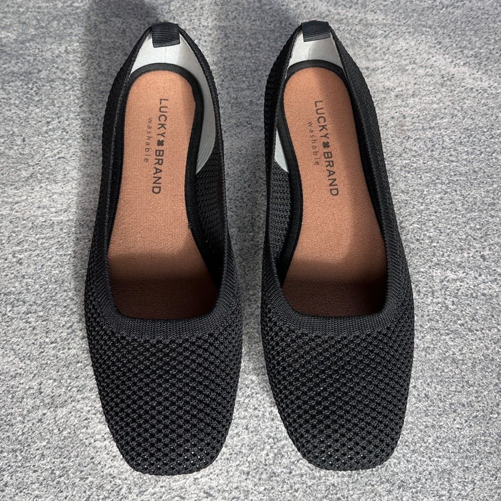 EUC Lucky "Daneric" Black Slip‑On Ballet Flat Square Toe Washable Travel Shoe 7